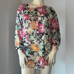 Lauren Ralph Lauren Floral Round Neck Sheer 3/4 Sleeves Shirt Blouse. Size L.